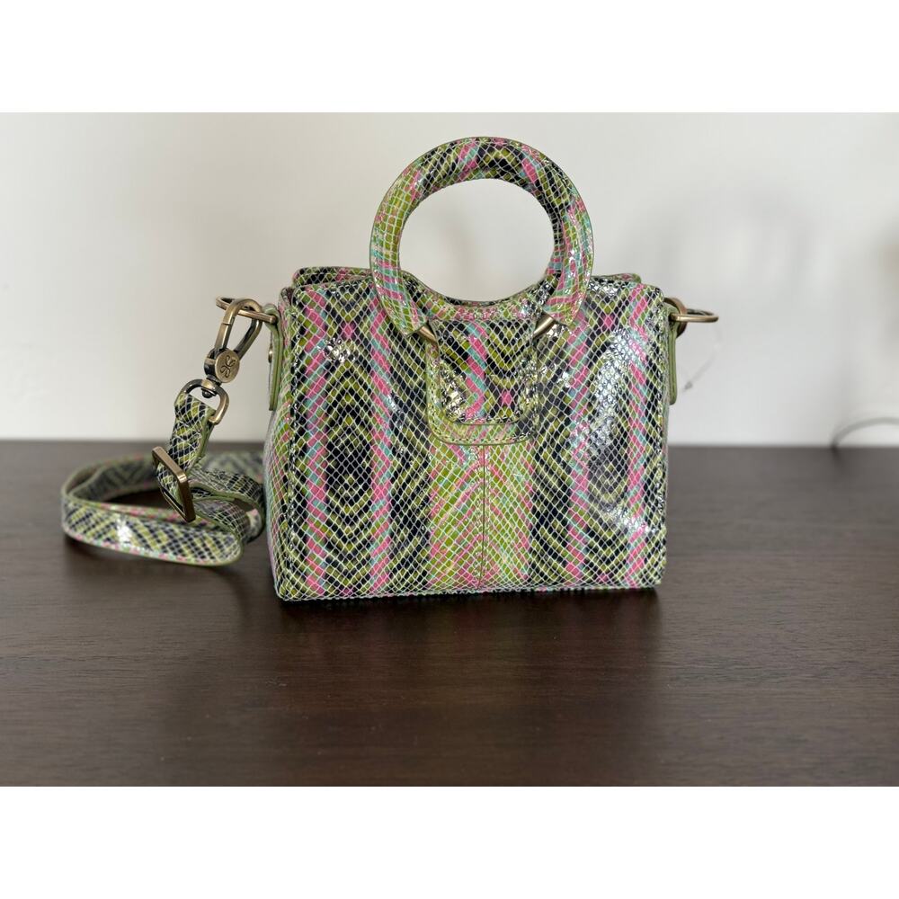 HOBO Heidi Leather Mini Satchel Geo Diamond Print Leather Pink and Greens
